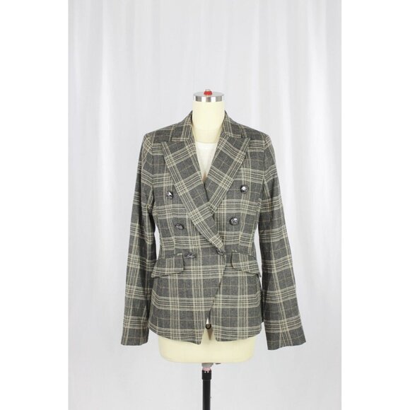 BANANA REPUBLIC Cadet Grey Check Wool Flannel Double Breasted Blazer, Size 6 - Picture 5 of 16